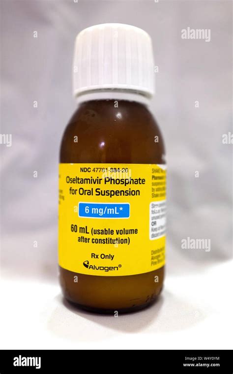 Close-up of bottle of Oseltamivir Phosphate for oral suspension, marketed under the brand name ...