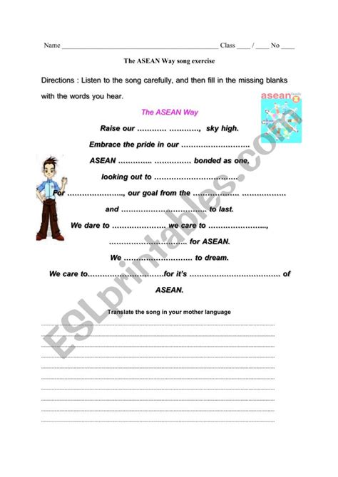 ASEAN songs worksheet - ESL worksheet by Phraeboy99