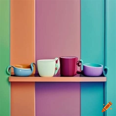 Variety of colorful mugs in a cupboard