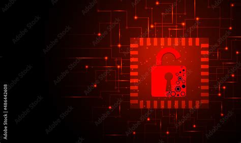 Concept of destroyed cyber security.Padlock red open on electric ...