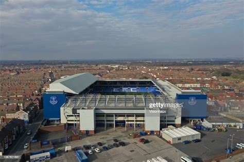 In an aerial view, the outside of Goodison Park Stadium, home of ...