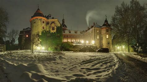 Photos Germany Laubach Castle Winter Castles Snow Night 3840x2160