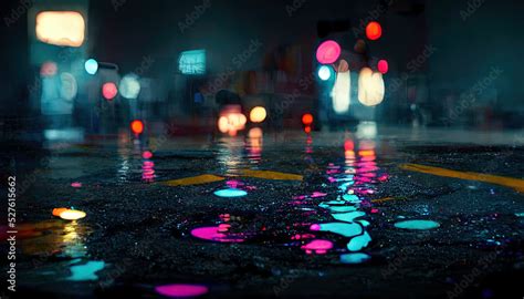 Empty night street scene. Night rain, puddles on the pavement, the reflection of city neon ...