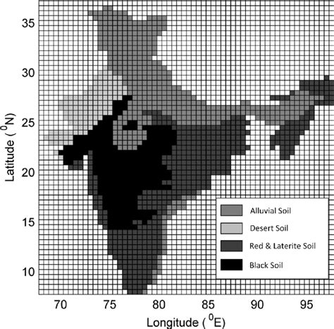 PWP map of India: Alluvial, black, red & laterite, and desert soil with... | Download Scientific ...