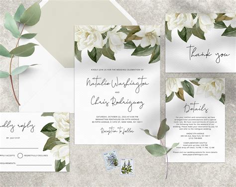 Magnolia Wedding Invitation Template Printable Wedding - Etsy