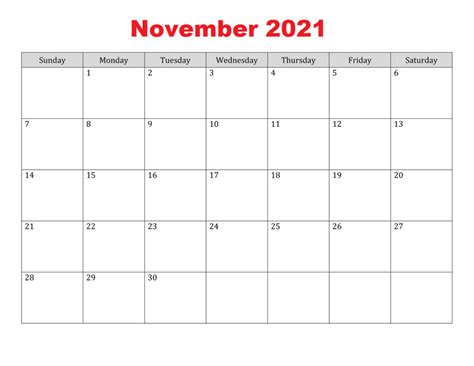 Free November 2021 Calendar Printable - Blank Templates