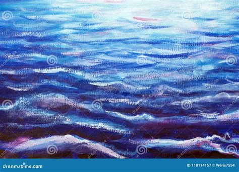 Blue Sea Waves at Night - Oil Painting Stock Image - Image of canvas ...