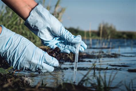 Water pollution concept. Woman scientist takes a water sample from polluted pond. | Nimonik Inc.