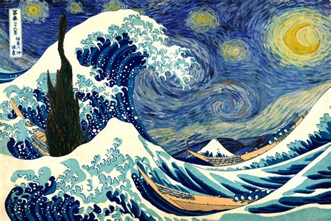 home decor seascape canvas painting posters art print Van Gogh Starry night and The Great Wave ...