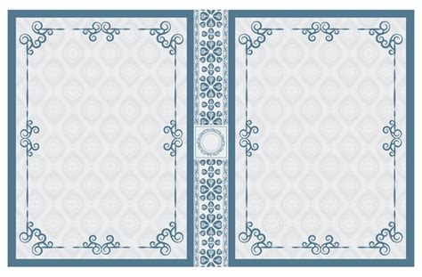 a blue and white wedding card with an ornate design on the front, side ...