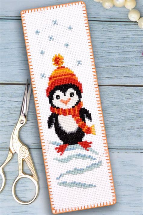 Modern Cross Stitch Bookmark Pattern Penguin, Cute Winter Embroidery Design for Beginners ...