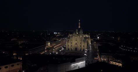 Night aerial view of the Milan city center from above. Beautiful Duomo di Milano cathedral ...