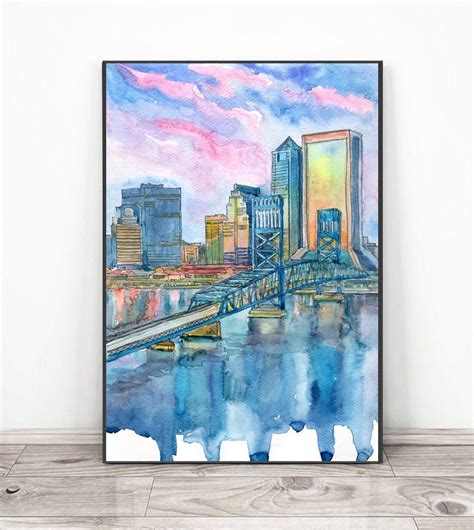 Jacksonville Florida Skyline Art Print, City Art Watercolor Painting ...