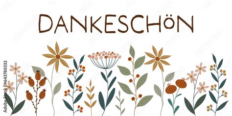 Dankeschön - Schriftzug in deutscher Sprache. Dankeskarte mit hübschen Blumen. Stock Vector ...