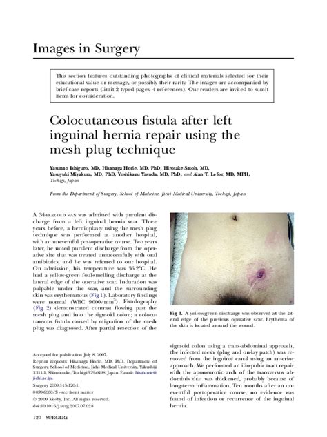 (PDF) Colocutaneous fistula after left inguinal hernia repair using the mesh plug technique ...