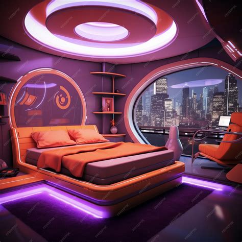 Premium Photo | A purple and orange bedroom with a round bed future