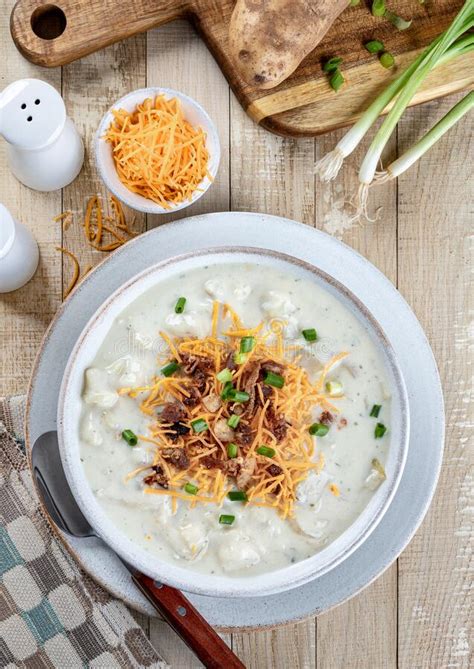 Cream of Potato Soup with Bacon, Cheese and Green Onions Stock Photo ...