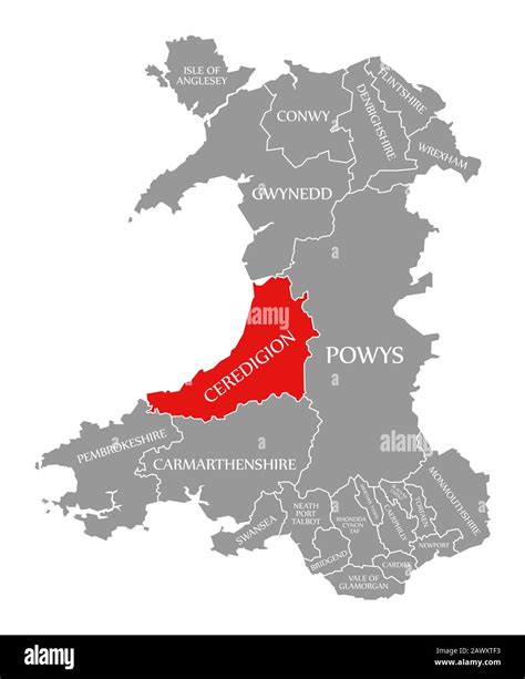 Ceredigion red highlighted in map of Wales Stock Photo - Alamy