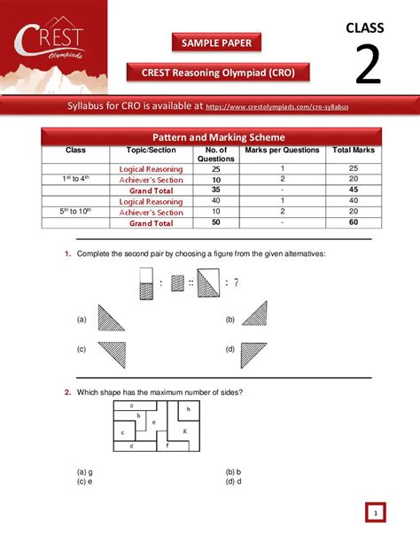 CREST Reasoning Olympiad (CRO) Class 2 Sample Paper