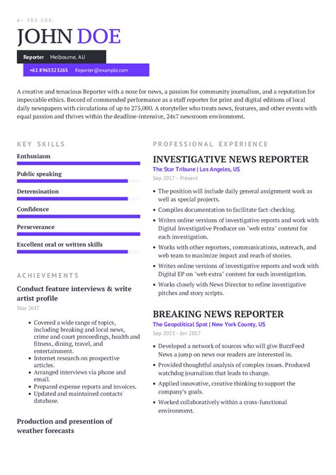 Resume Example for Journalism jobs in Media 2020 | CraftmyCV