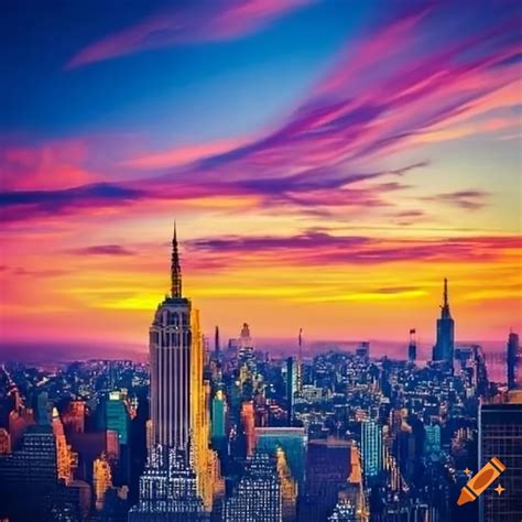 Sunset behind new york city skyline on Craiyon