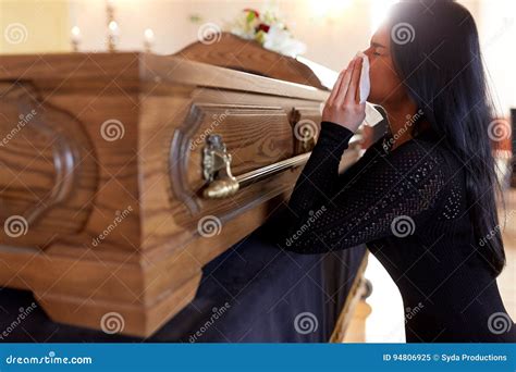 Woman with Coffin Crying at Funeral in Church Stock Image - Image of ...