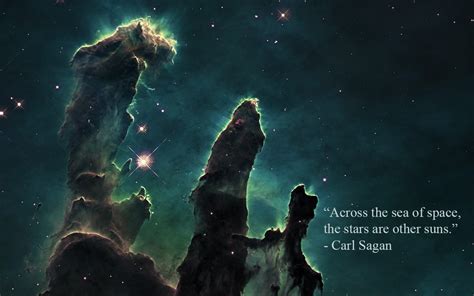 Green sky with text overlay, nebula, Pillars of Creation, Carl Sagan ...