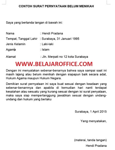 Contoh Surat Pernyataan Belum Menikah - Belajar Office