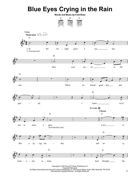 Blue Eyes Crying In The Rain by Willie Nelson Sheet Music for Easy ...