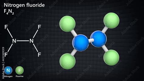 Nitrogen fluoride (dinitrogen tetrafluoride or tetrafluorohydrazine). Formula: F4N2. 3D render ...