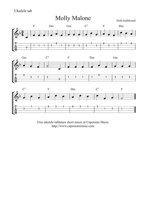 Easy Sheet Music For Beginners: Molly Malone - Free ukulele tablature sheet music