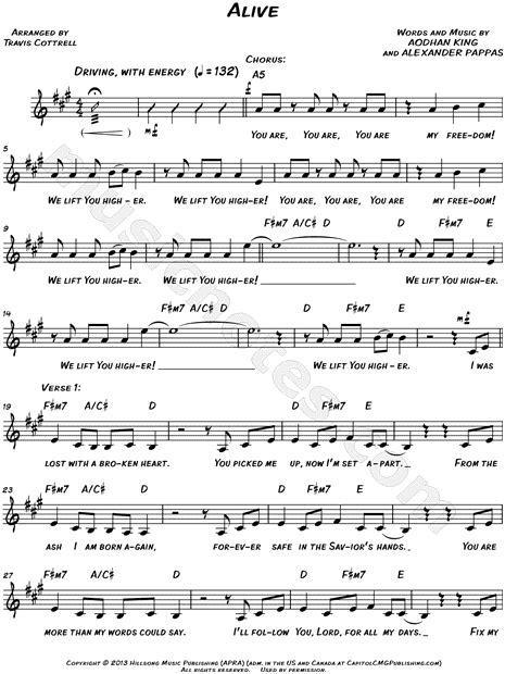 Hillsong Young & Free "Alive" Sheet Music (Leadsheet) in A Major ...