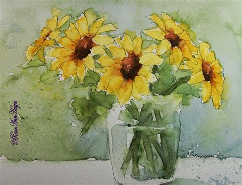 Watercolor Paintings by RoseAnn Hayes: Sunflowers in Glass