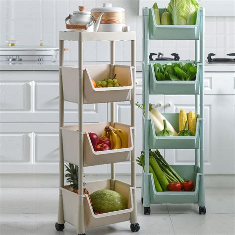 3 Layers Movable Kitchen Storage Rack with Wheels Vegetable Fruit Basket Kitchen Organizer Multi ...