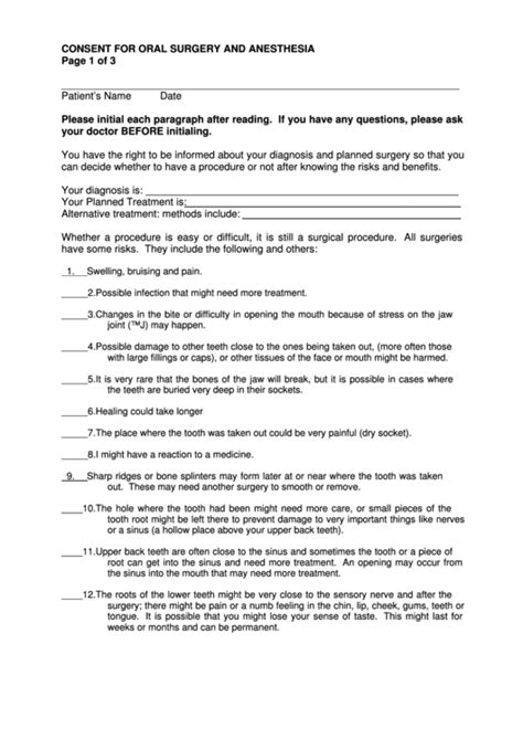 Consent For Oral Surgery And Anesthesia printable pdf download