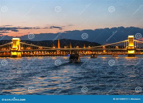 Evening View of the Danube River, Bridges, Sights of Budapest. Hungary ...