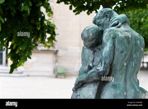 The Kiss, marble sculpture by Rodin, outside the Musee de l'Orangerie in the Tuileries Gardens ...