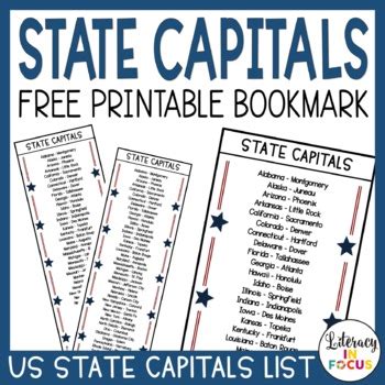 US States and Capitals Bookmark | 50 United States | Free Printable