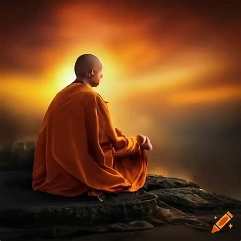 Mystical landscape with shaolin monk meditating