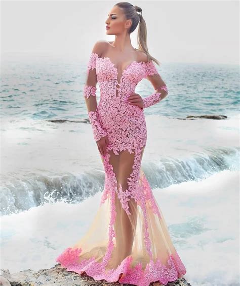 Beautiful Pink Mermaid Evening Dress 2019 Lace Appliques Jewel Neck Long Sleeve Floor Length ...