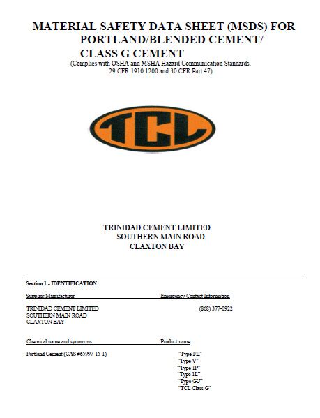 Material Safety Data Sheet (MSDS) For Portland/Blended Cement/ Class G ...