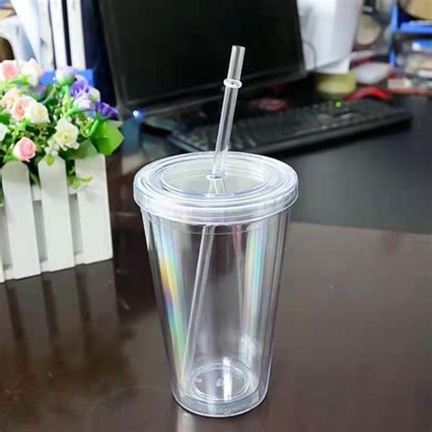 Plastic Cups With Lid Iced Tumbler Water Cup with Straws Double-walled ...