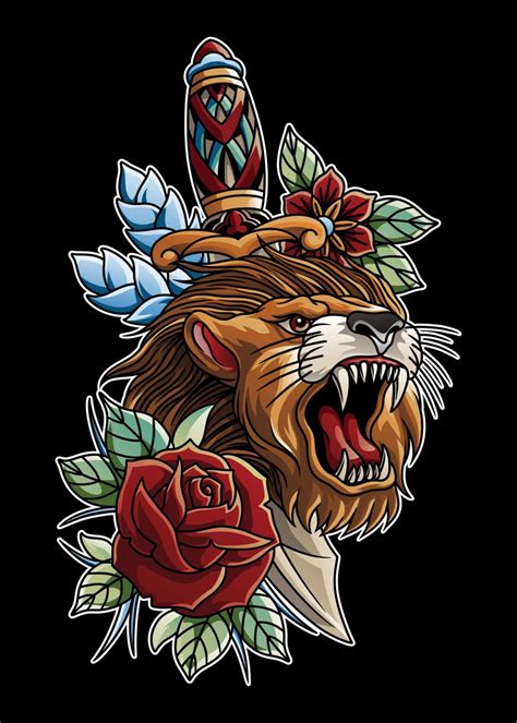 'Dagger Lion Tattoo ' Poster, picture, metal print, paint by hendra pratama | Displate