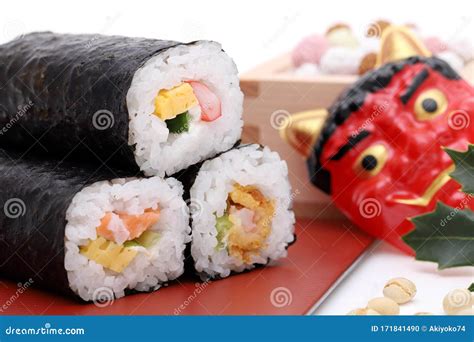 Japanese Setsubun Event, Masks of Demon and Sushi Stock Photo - Image ...