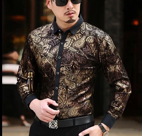 Fashion Luxury Mens Gilding Velvet Shirts Formal Paisley Print Silk Dress Shirt Men Long Sleeve ...