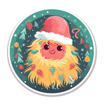 The Round Sticker Shows A Big Fuzzy Christmas Bear Clipart Vector, Sticker Design With Cartoon ...
