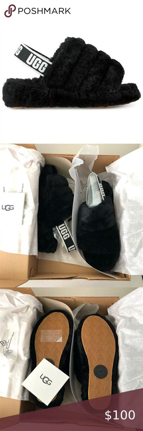 UGG Fluff Yeah Black White Fuzzy Slides Slippers | Uggs, Fuzzy slides ...