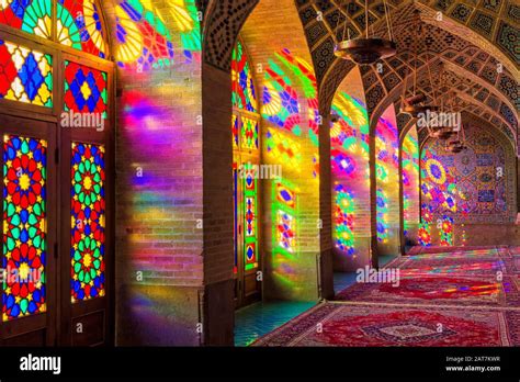 Nasir-ol-Molk Mosque, Light patterns from colored stained glass illuminating the iwan, Shiraz ...