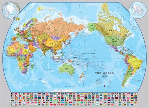 World Pacific Centered Wall Map Fully Laminated political