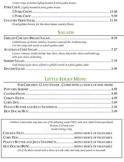 Menu at Acadiana Cafe, San Antonio